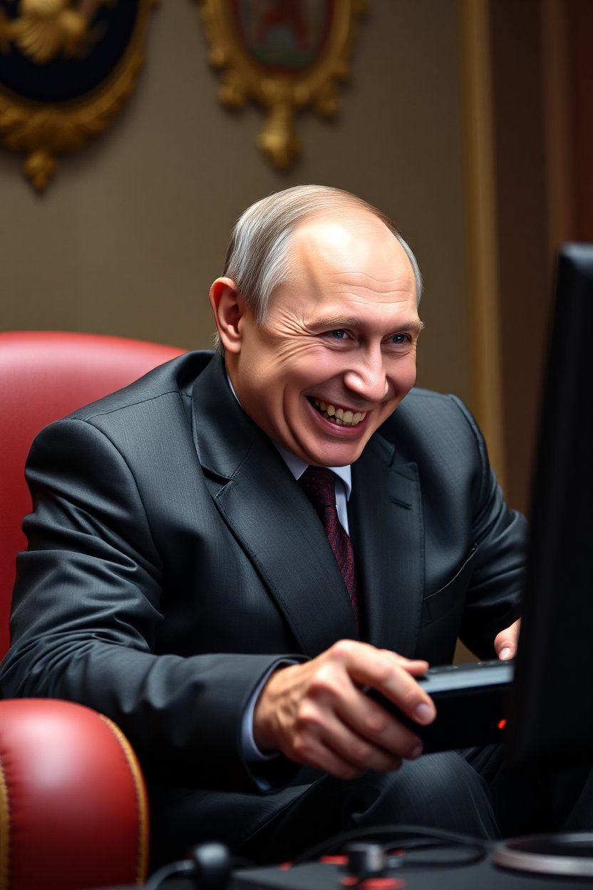 Putin playing video game "Screw the U.S."