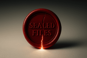 Cracked red wax seal stamped “SEALED FILES,” bright light spilling through onto a blank page—symbolizing lawful unsealing and public truth.