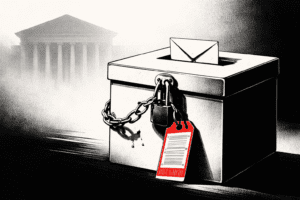 Ballot box sealed with evidence tag and broken chain in front of foggy courthouse silhouette, high-contrast black and white with red accent