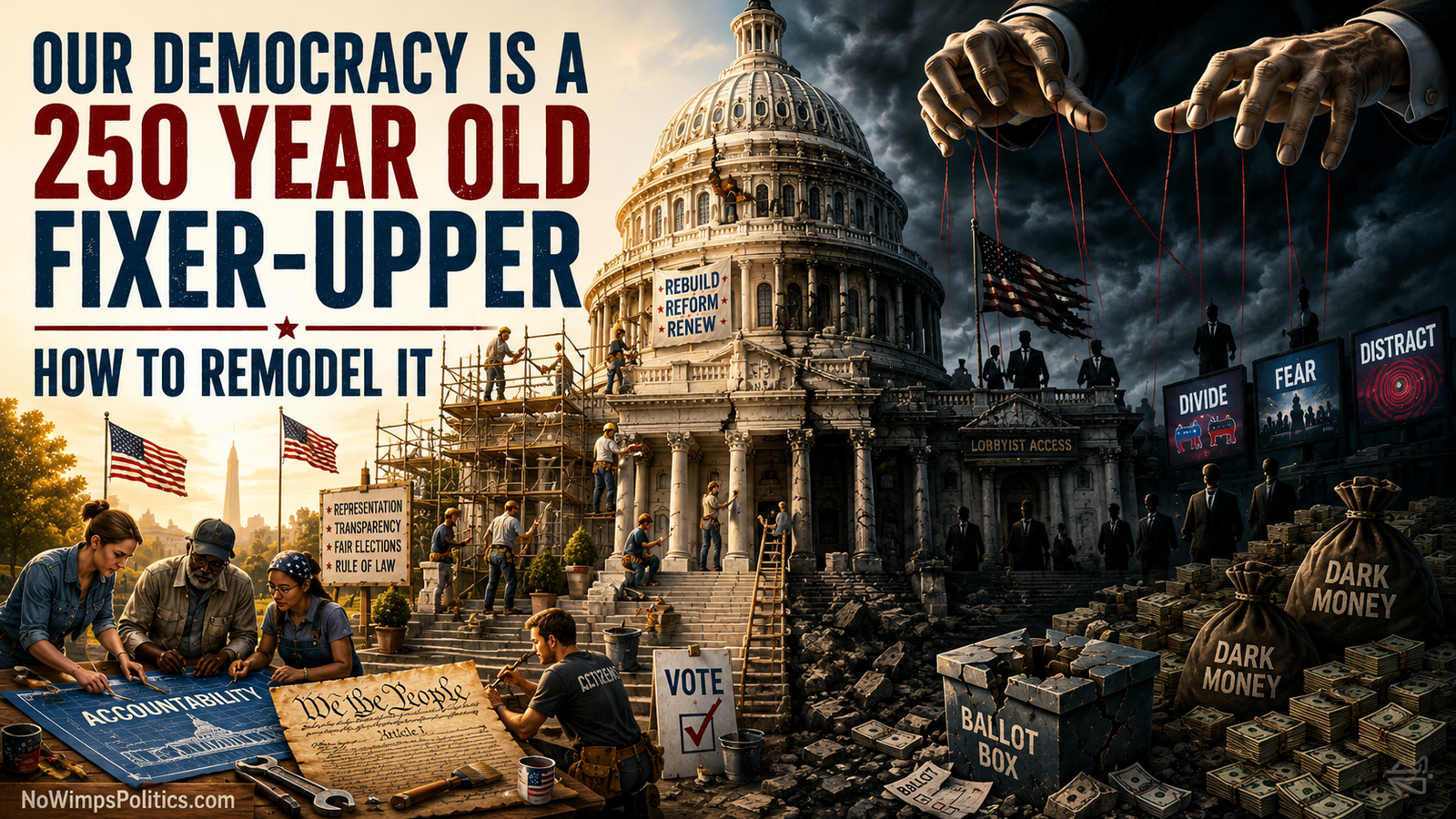 A dramatic illustration of the U.S. Capitol as a worn 250-year-old fixer-upper being repaired by citizens, while symbols of corruption, money, and democratic decay threaten the structure from the darker side.
