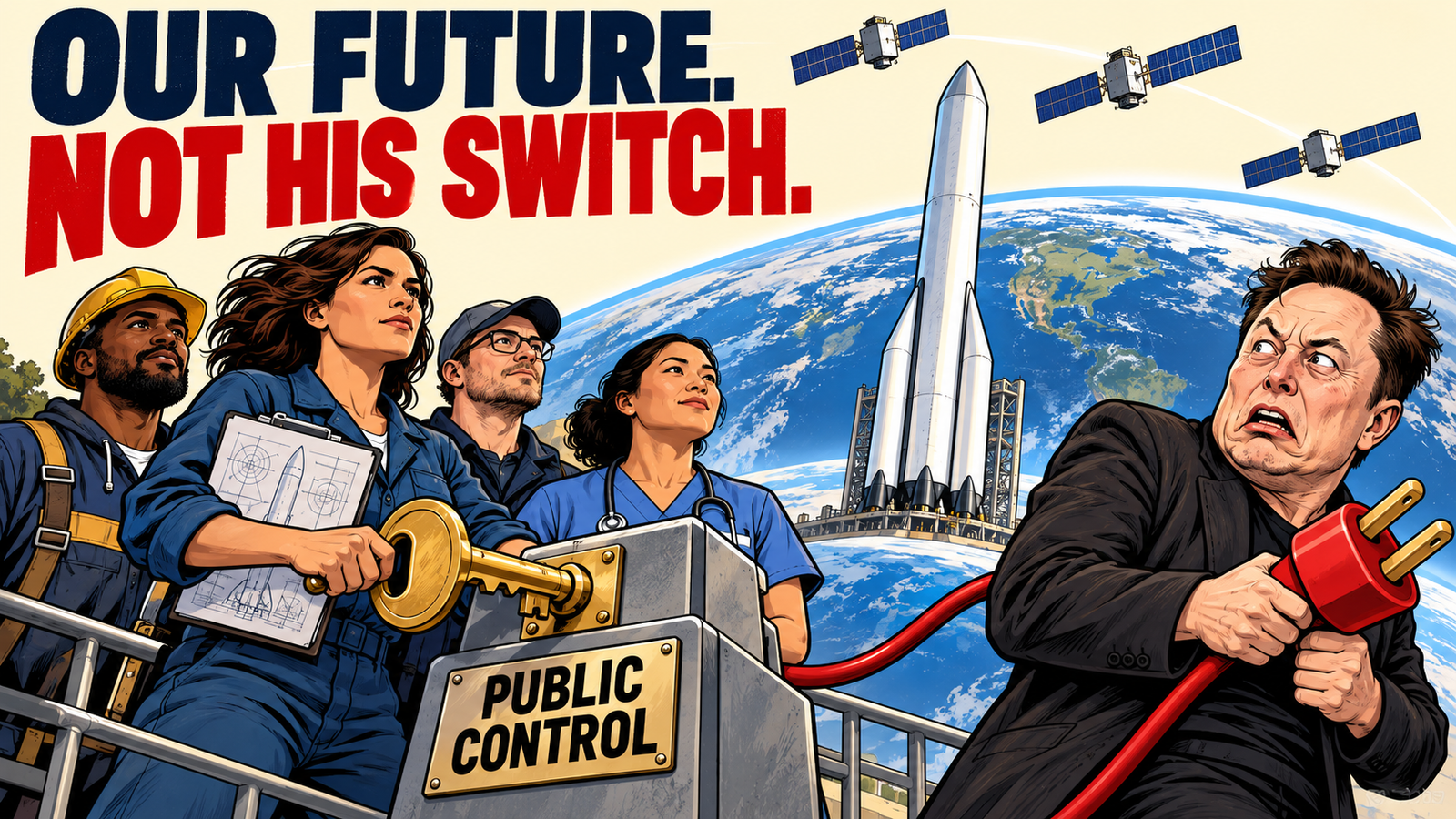 Editorial illustration: workers hold a key beside a PUBLIC CONTROL console, with a rocket, satellites, Earth, and a caricature of Elon Musk holding an unplugged cord. Text: OUR FUTURE. NOT HIS SWITCH.